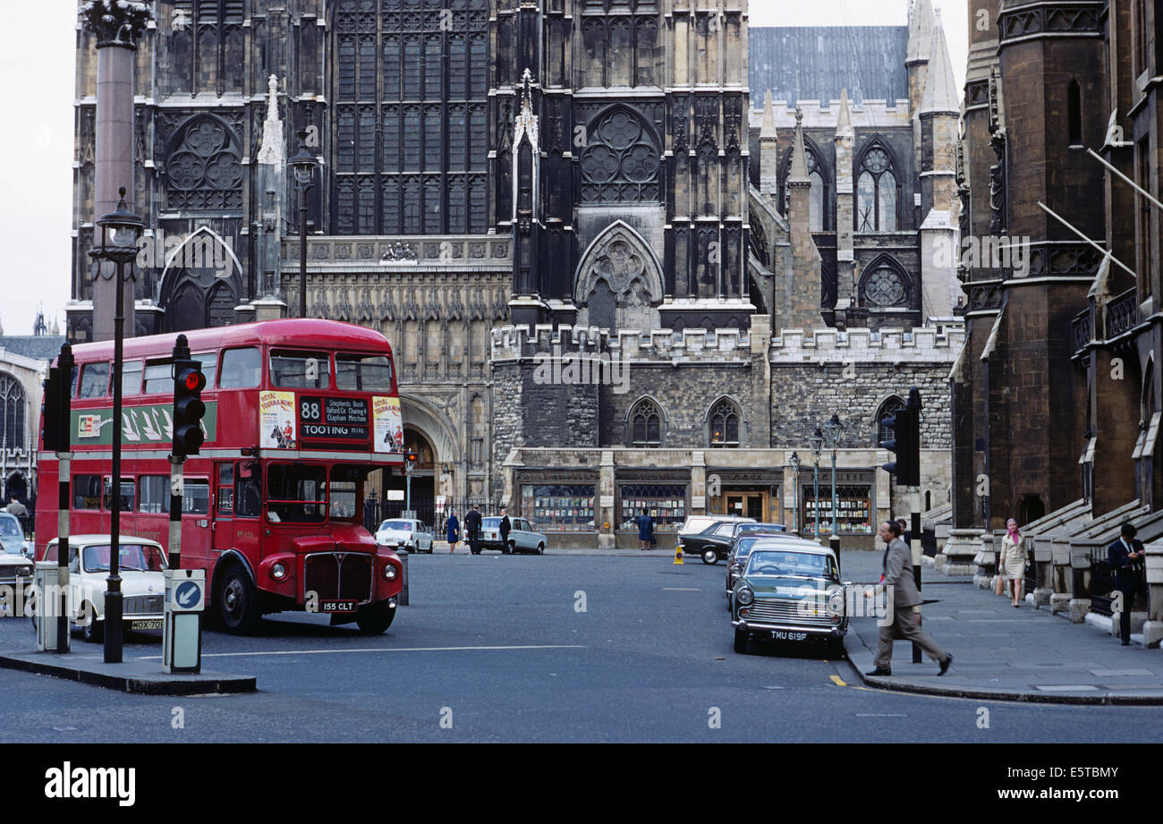 Red double decker bus, Westminster Abbey, London, England 690627 029 Stock Photo