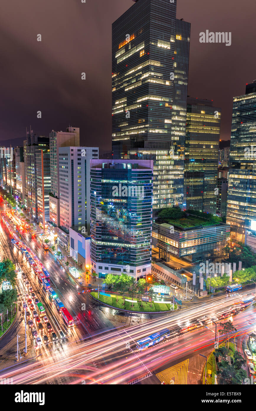 Traffic speeds through an intersection in the Gangnam district of Seoul ...