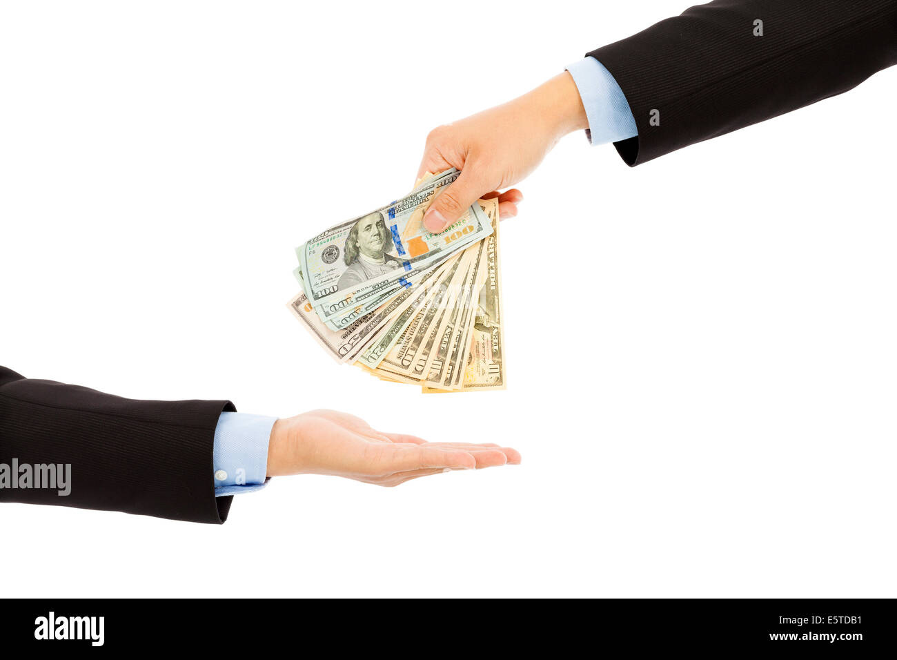 Handing Over us dollar Cash to Other Hand Isolated on a White Background. Stock Photo