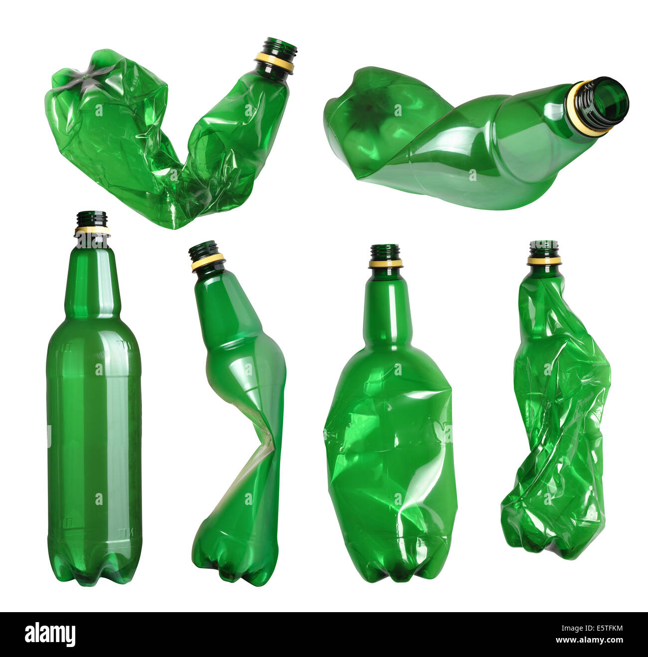 Collection of green plastic bottles isolated on white Stock Photo