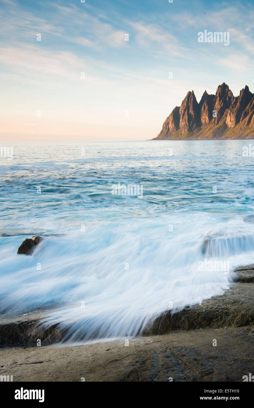 Tungeneset coastline, Devil's Teeth, Okshornan Range, Senja, Troms , Northern Norway, Norway Stock Photo