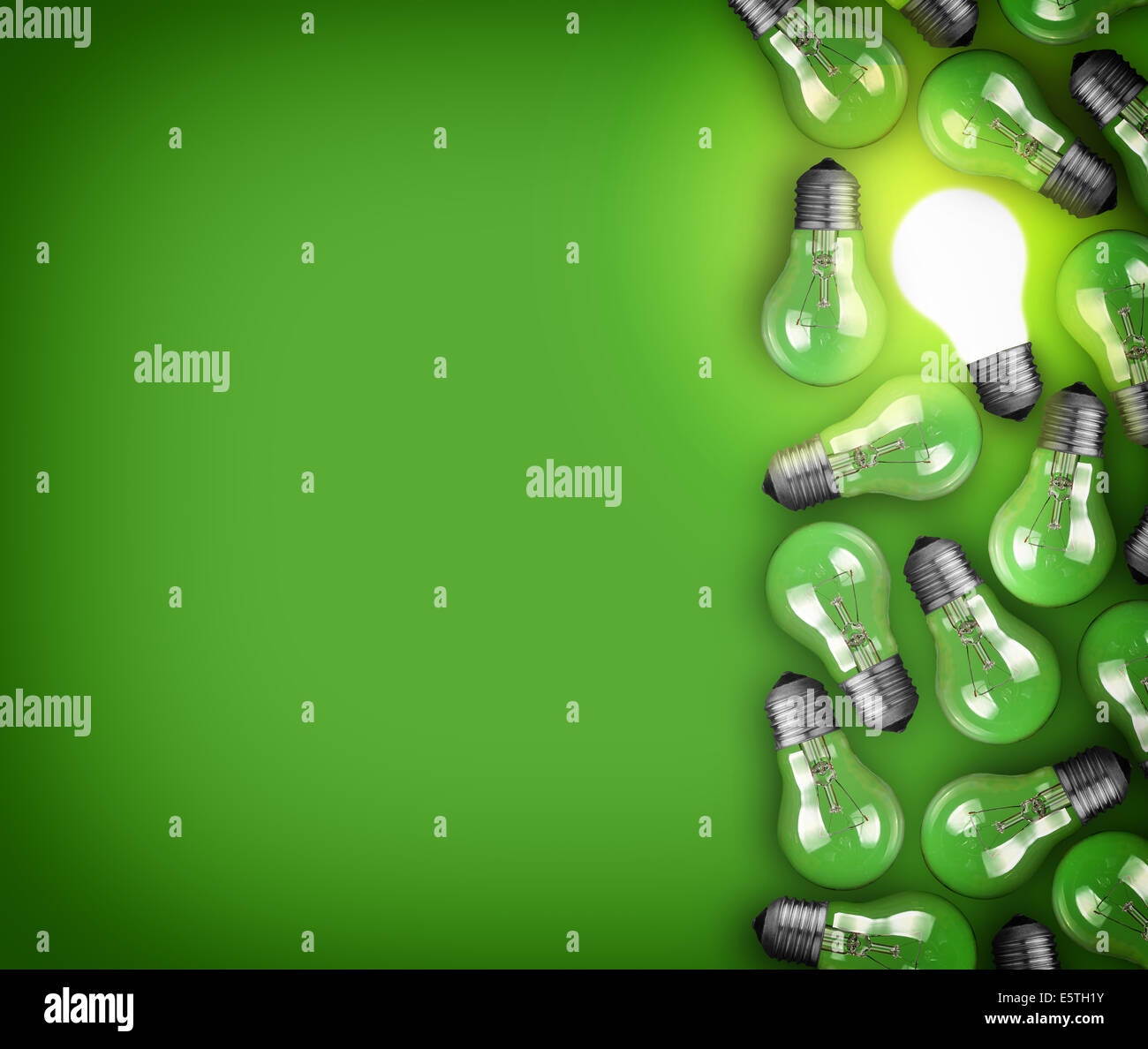 Idea concept with row of light bulbs and glowing bulb Stock Photo Alamy