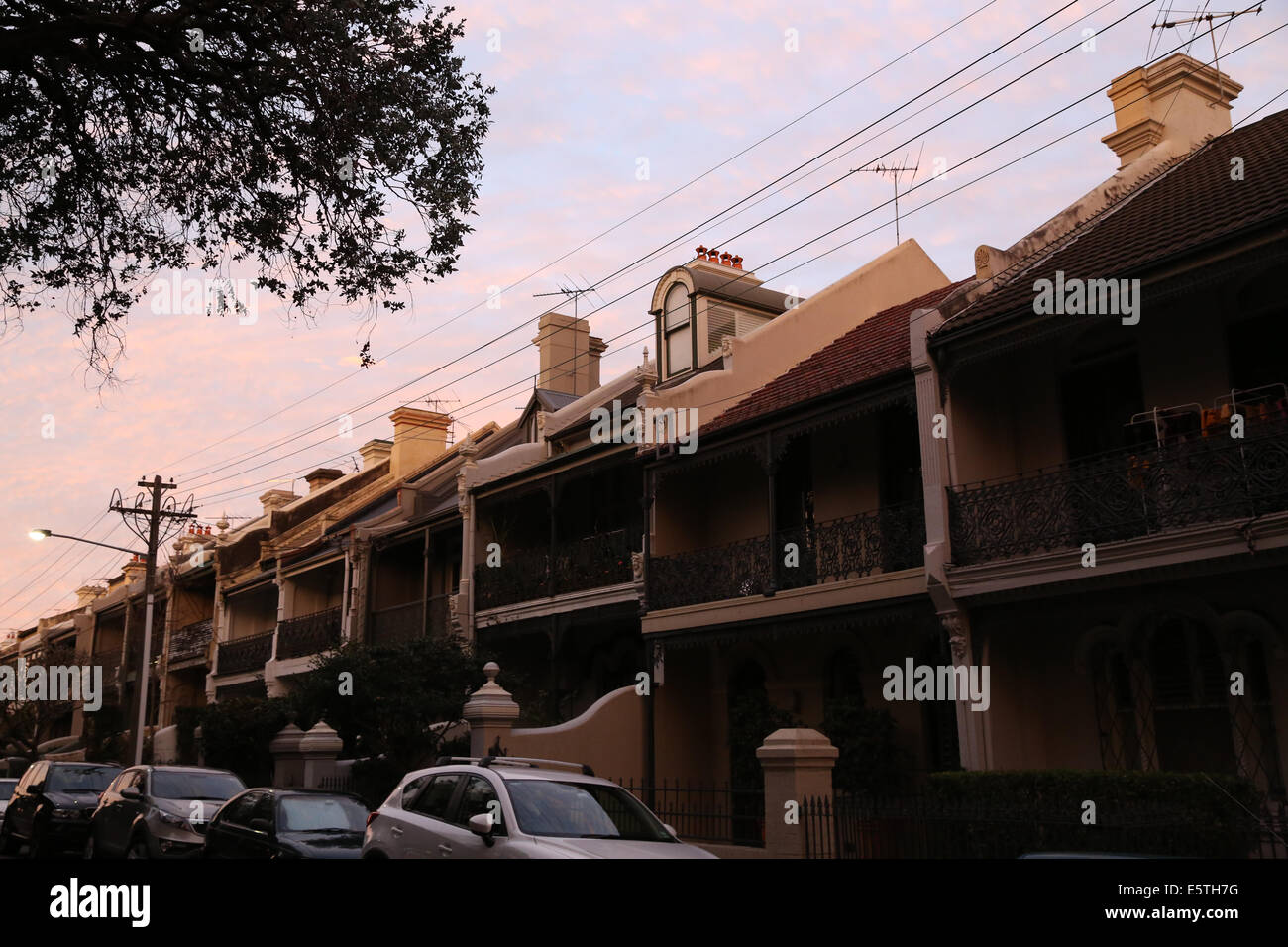 Terraced houses in the Sydney suburb of Forrest Lodge at sunset Stock ...
