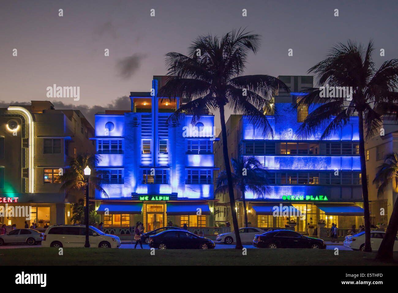 Art Deco District at night, Ocean Drive, South Beach, Miami Beach