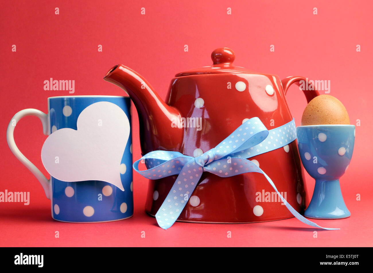 Red, white and blue breakfast with polka dot tea pot, cup mug, and ... Red, white and blue breakfast with polka dot tea pot, cup mug, and ...