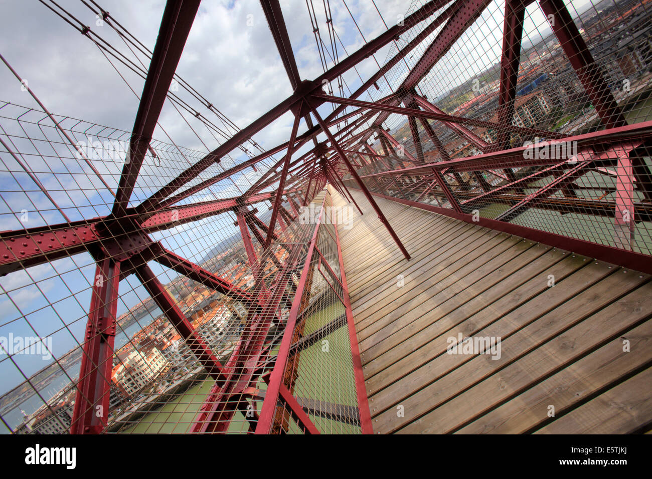 View along the top of the historic Vizcaya Bridge, transporter bridge with the gondola, Bilbao, Spain Stock Photo