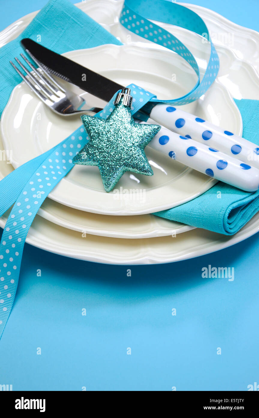 Aqua blue Merry Christmas dining table place setting with fine china