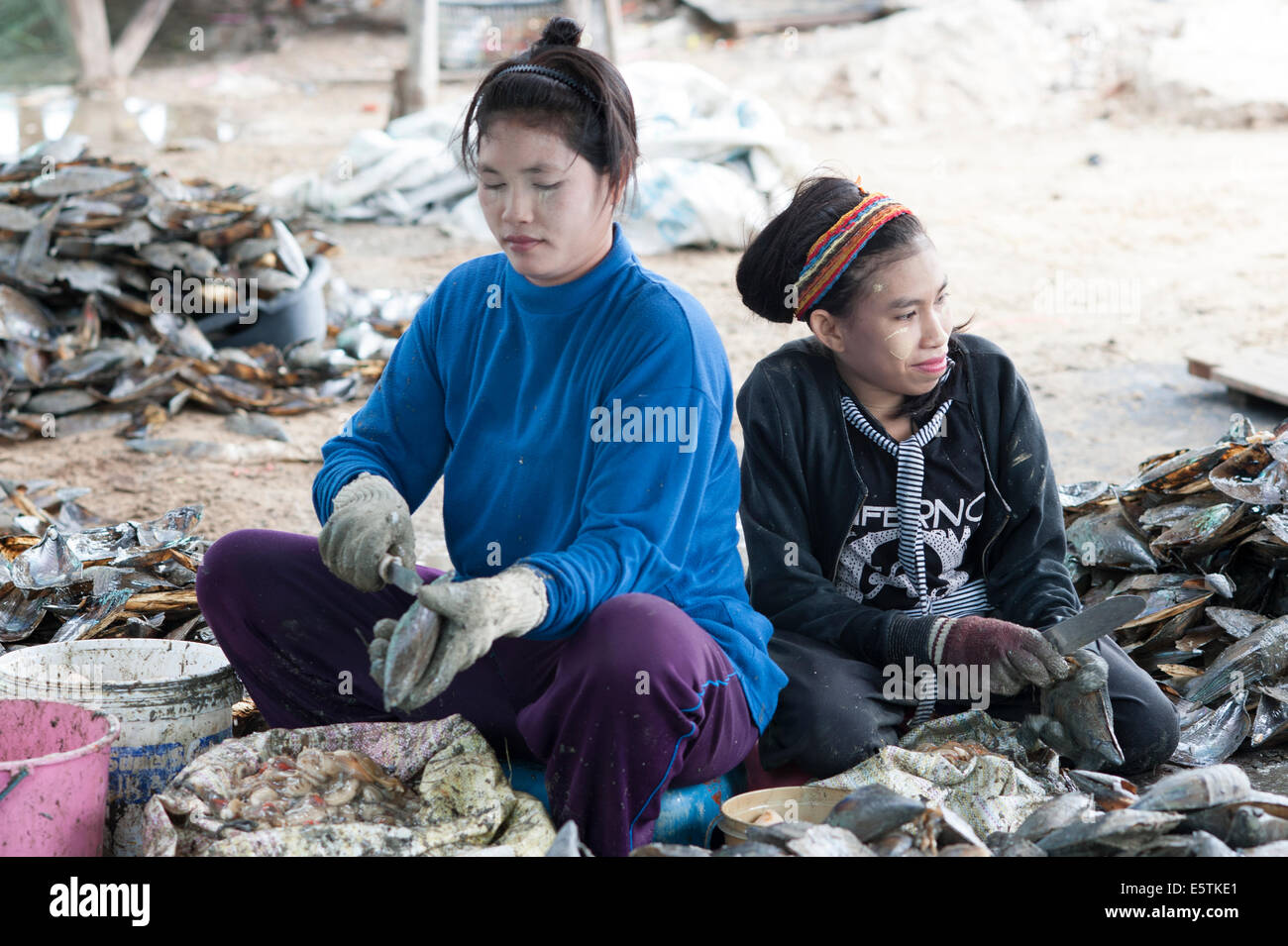 Young Burmese Myanmar child labour workers toiling in the Thai fishing industry near Hua Hin Thailand. Stock Photo