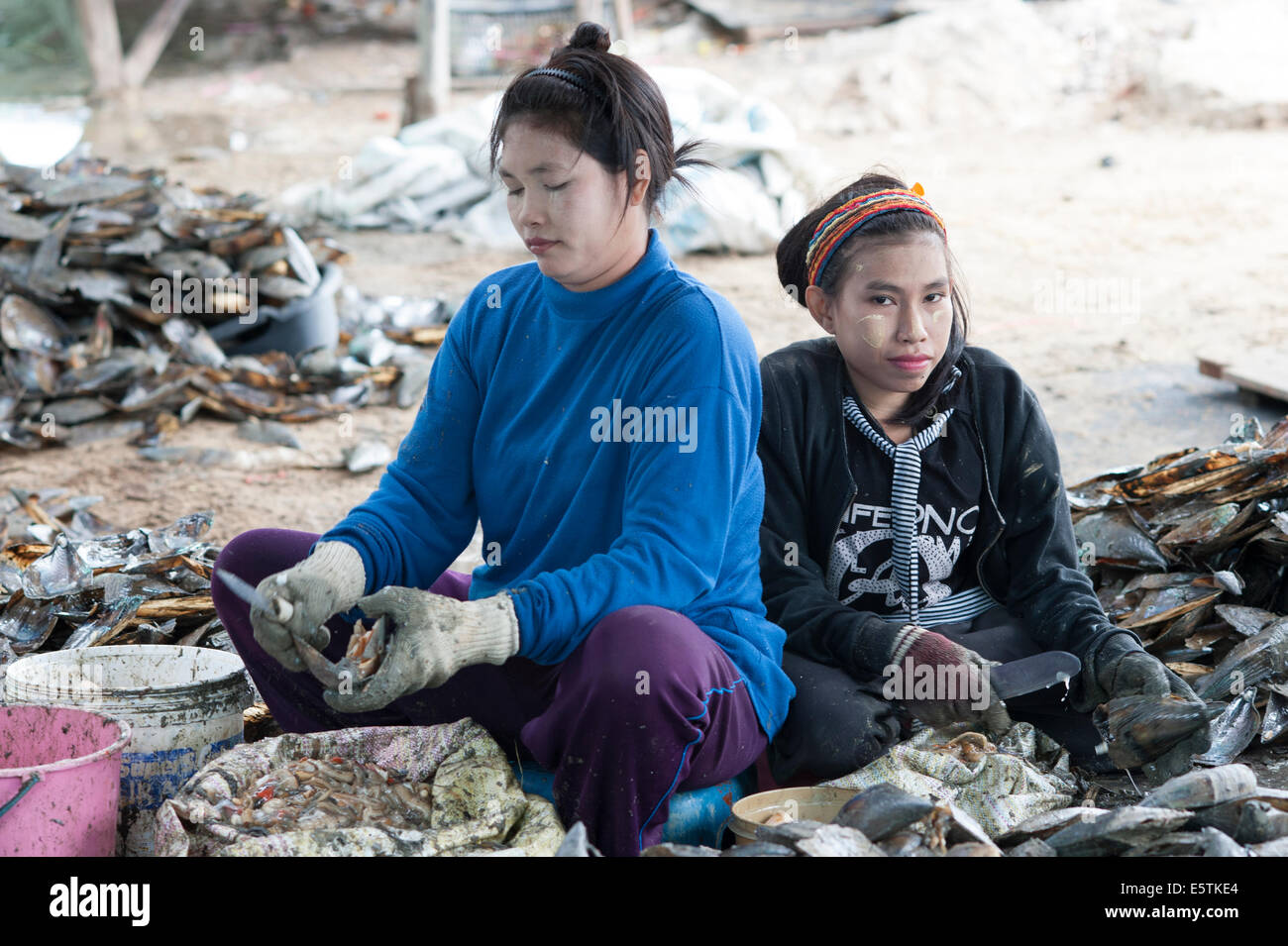 Young Burmese Myanmar child labour workers toiling in the Thai fishing industry near Hua Hin Thailand. Stock Photo
