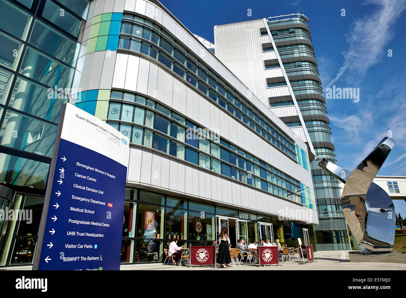 Exterior of the NHS Queen Elizabeth Hospital in Birmingham, also known as the QE Hospital Birmingham or UHB. Stock Photo