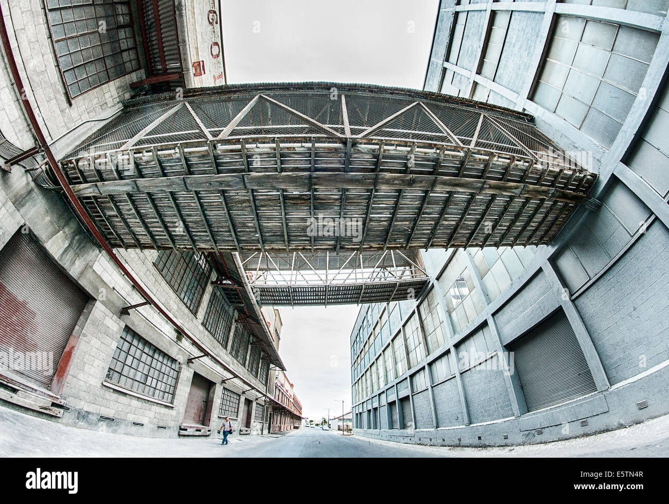 A fish-eye perspective of old warehouses in Port Adelaide, Australia. Stock Photo