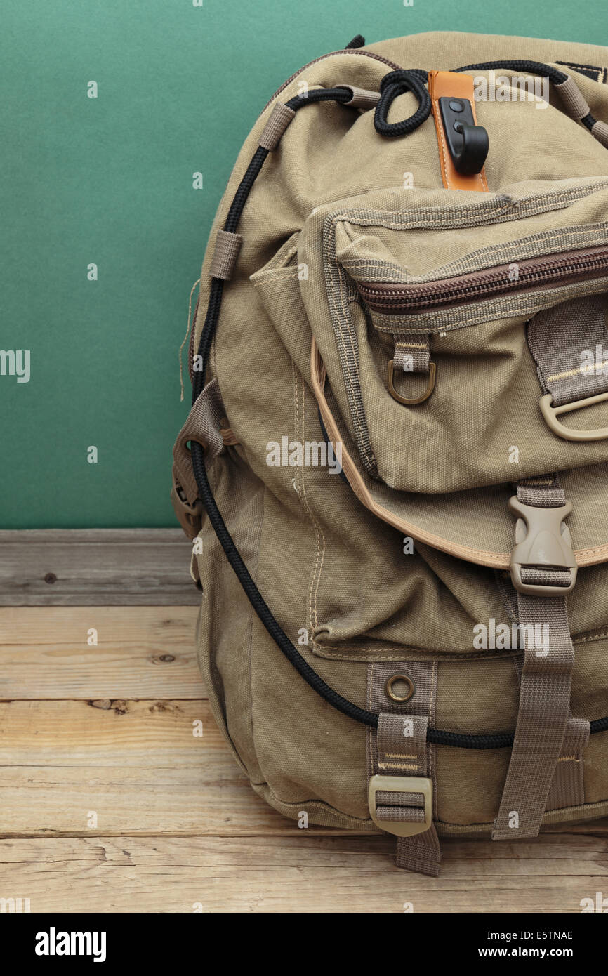 old travel backpack on the floor Stock Photo Alamy
