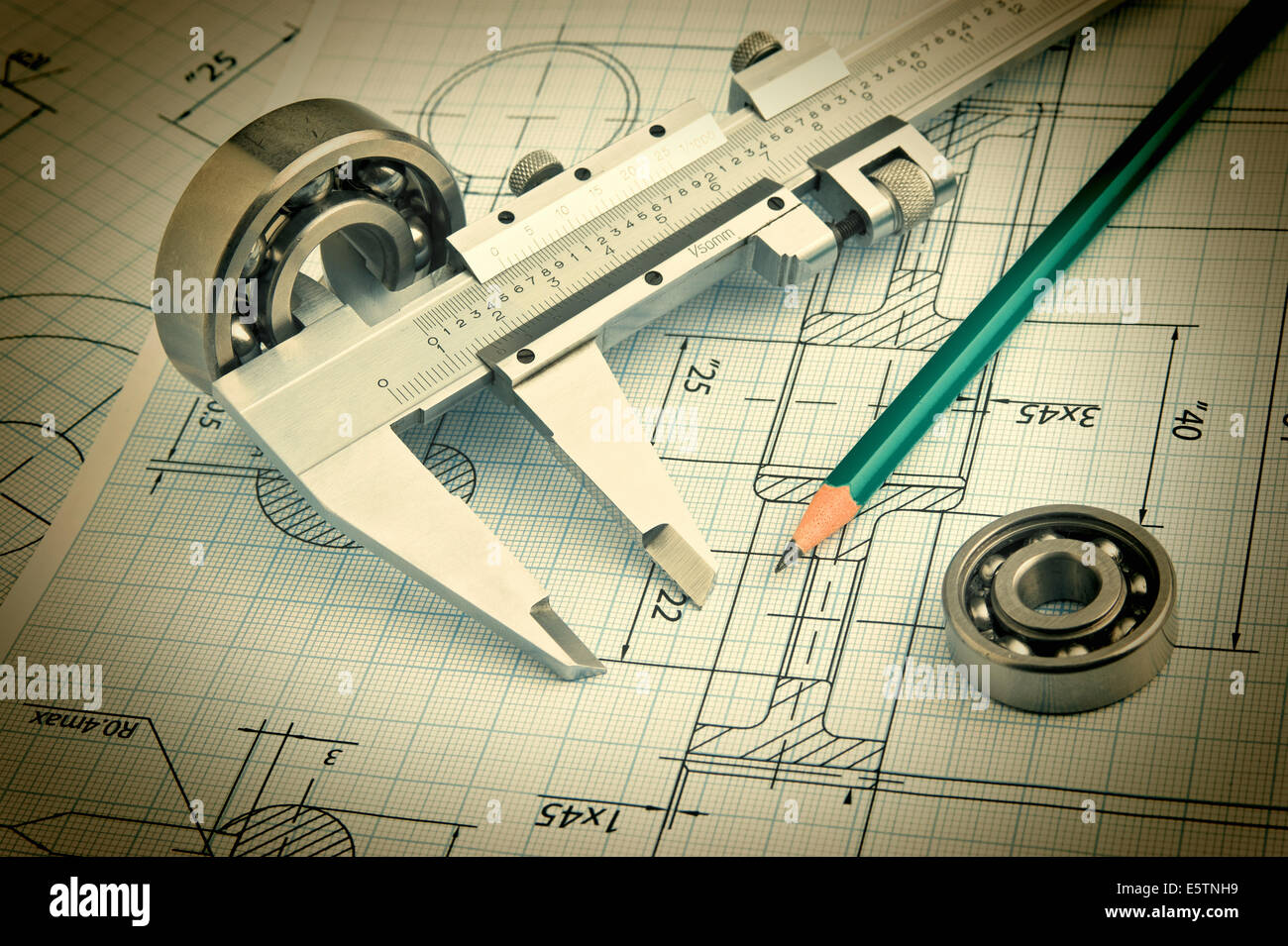 Old technical drawing and caliper with bearing Stock Photo Alamy