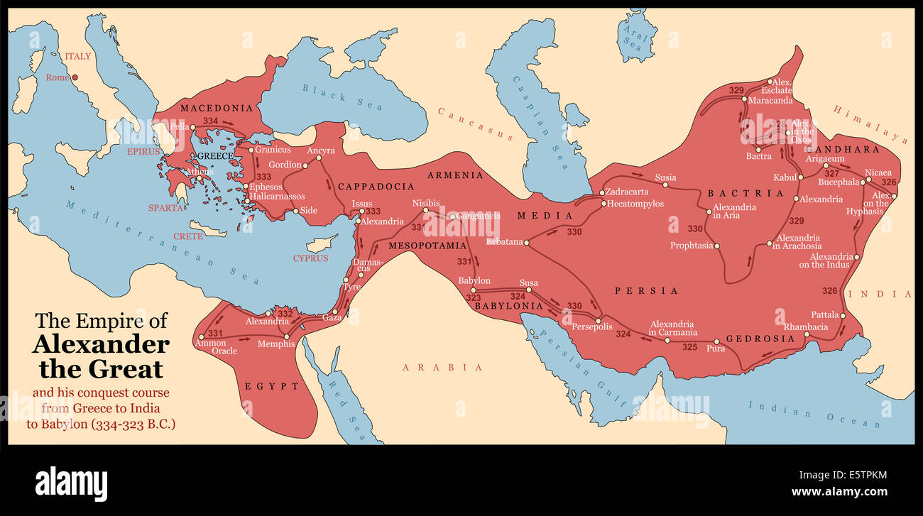 Empire of Alexander the Great an his conquest course from Greece to India to Babylon in 334-323 B.C. with towns and provinces Stock Photo