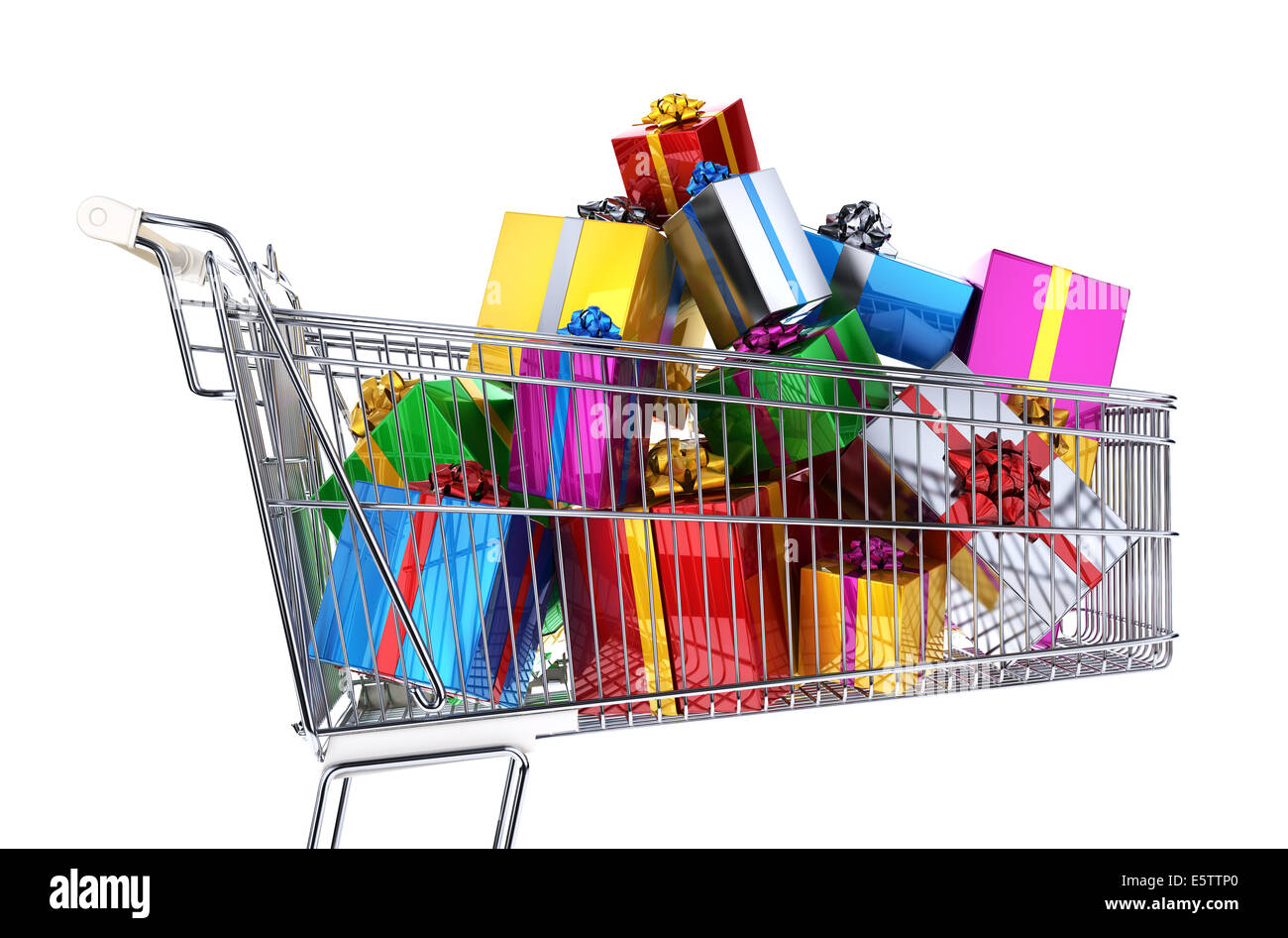 Supermarket trolley full of multicolored gifts. Side view, on white background. Clipping path included. Stock Photo