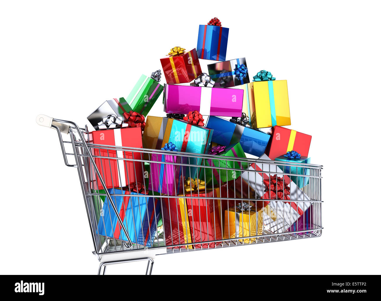 Supermarket trolley full of many multicolored gifts. Side view, on white background. Clipping path included. Stock Photo