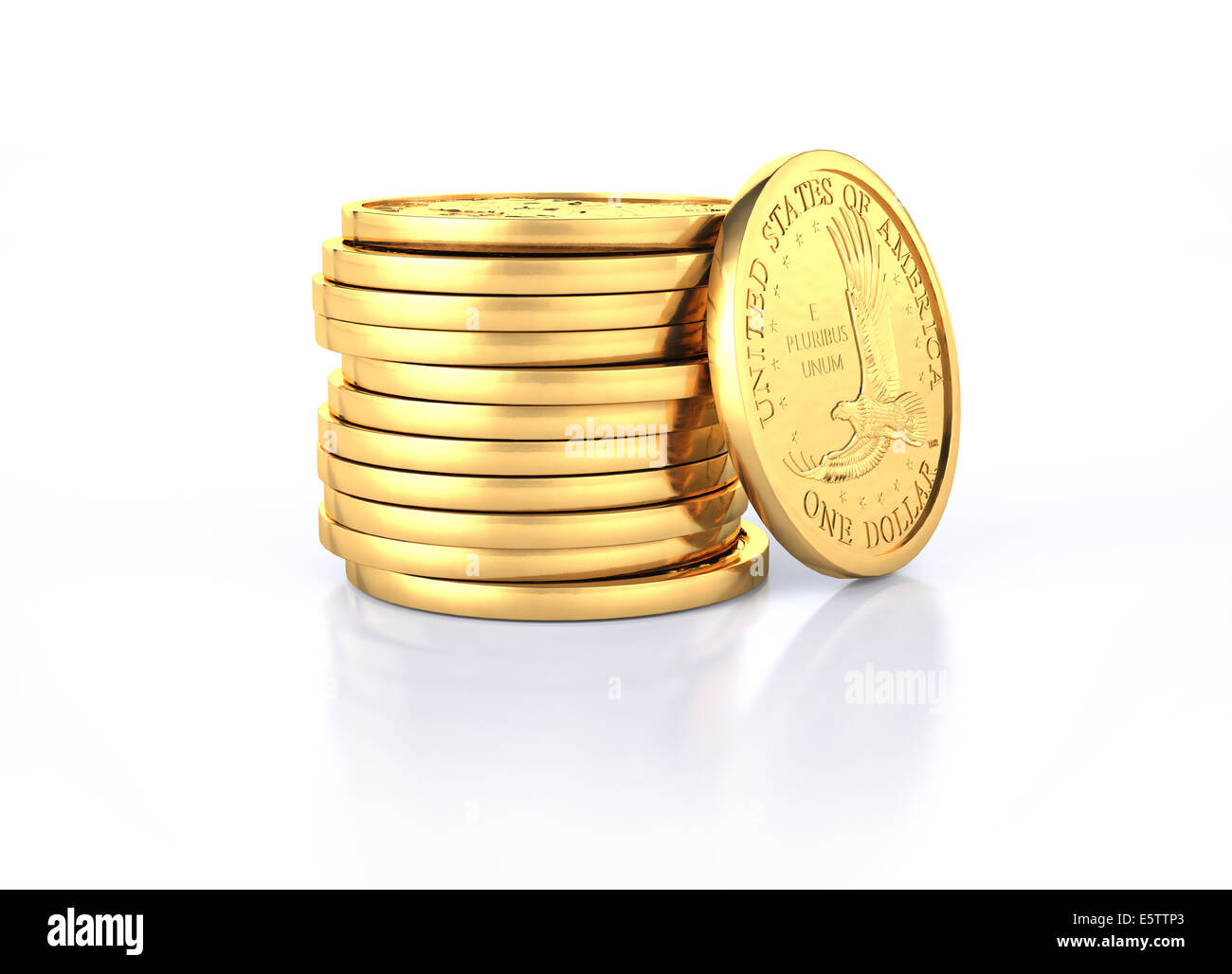 Gold dollar coins stack and one coin recumbent on it. On a white semi reflective surface and white background. Stock Photo