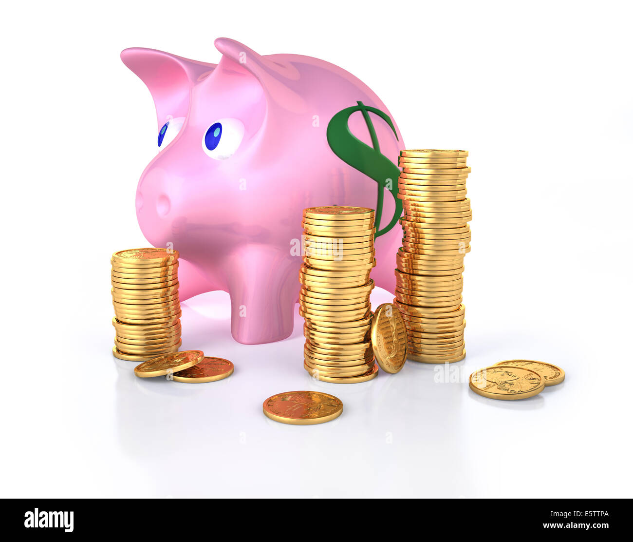 Piggy bank with some gold coins stacks around. On white semi reflective ...