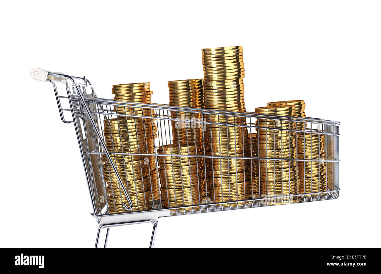 Supermarket trolley full of very big golden coins stacks. Side view on white background. Stock Photo