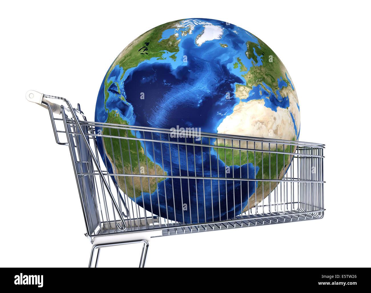 Planet Earth into supermarket trolley. Atlantic view. On white background. Clipping path included. Stock Photo