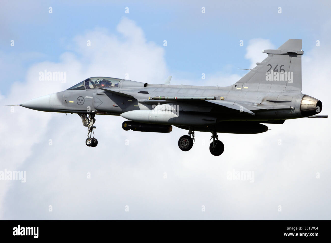 Swedish Air Force SAAB J-39 Gripen landing during the exercise Frisian Flag 2012. Stock Photo