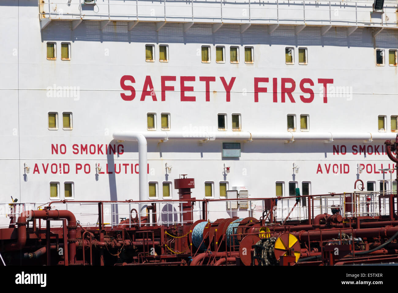 SAFETY FIRST message on an oil tanker Stock Photo