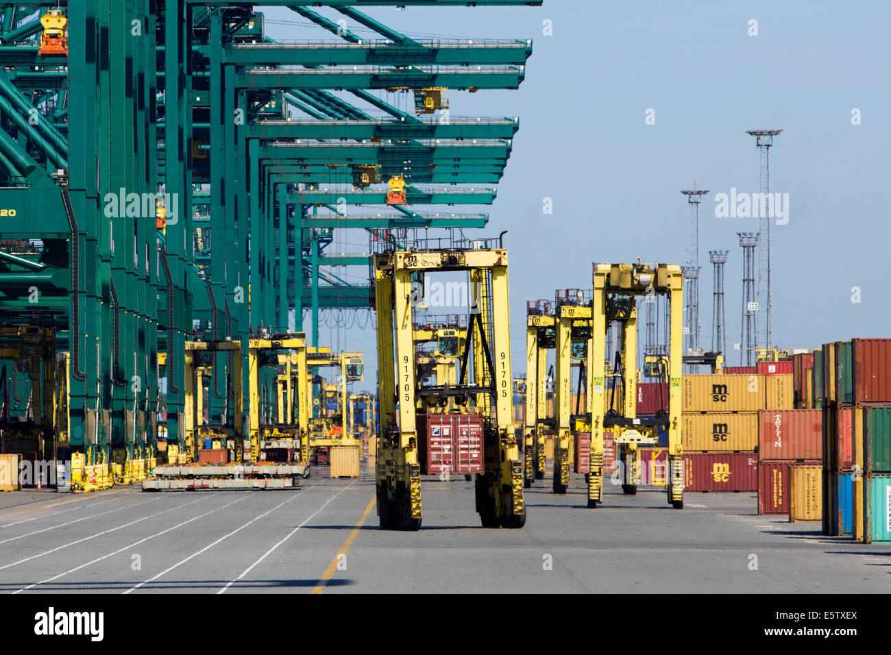 Mobile container spreaders at the MSC Home terminal in Port of Antwerp, Belgium. Stock Photo