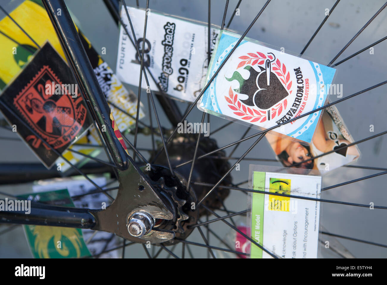 Spoke card decals on the rear wheel of a bicycle Stock Photo Alamy