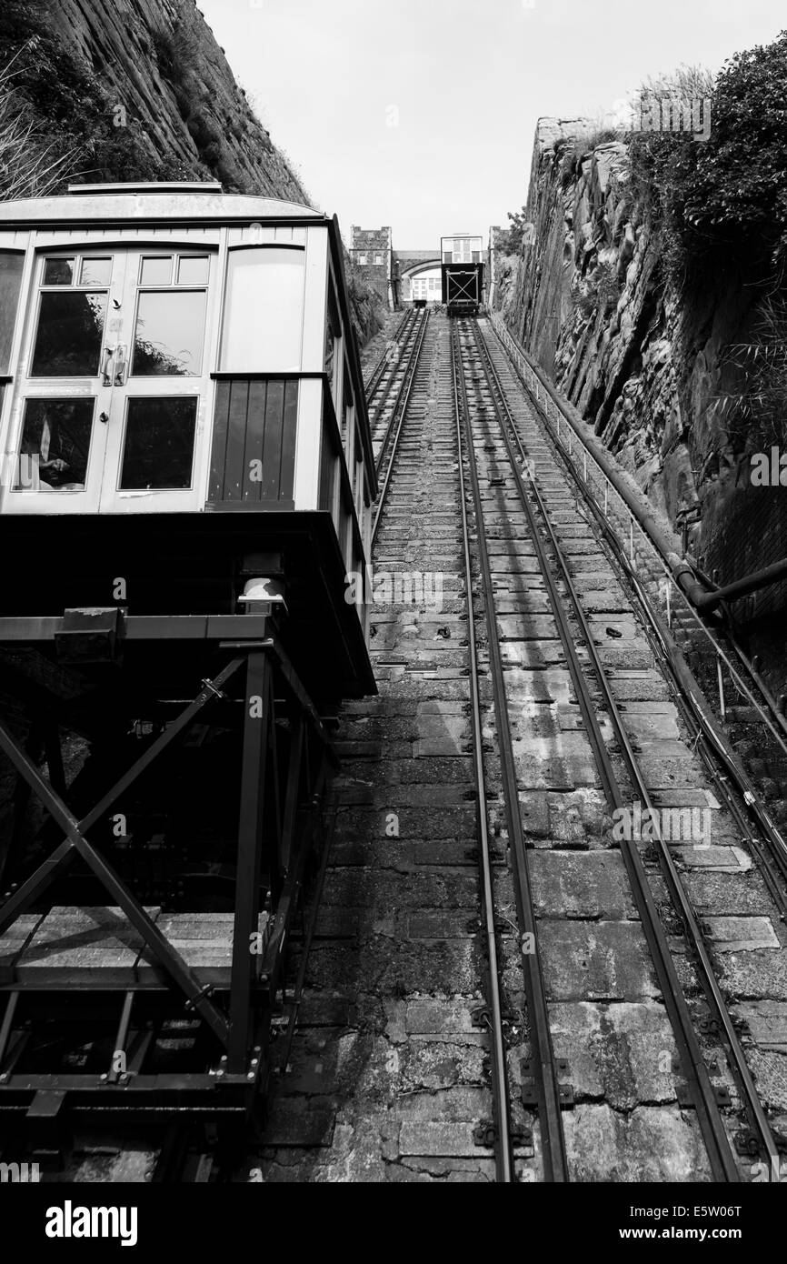 Upward shot of the East Hill funicular railway, a cable car, in Hastings on the Sussex coast Stock Photo