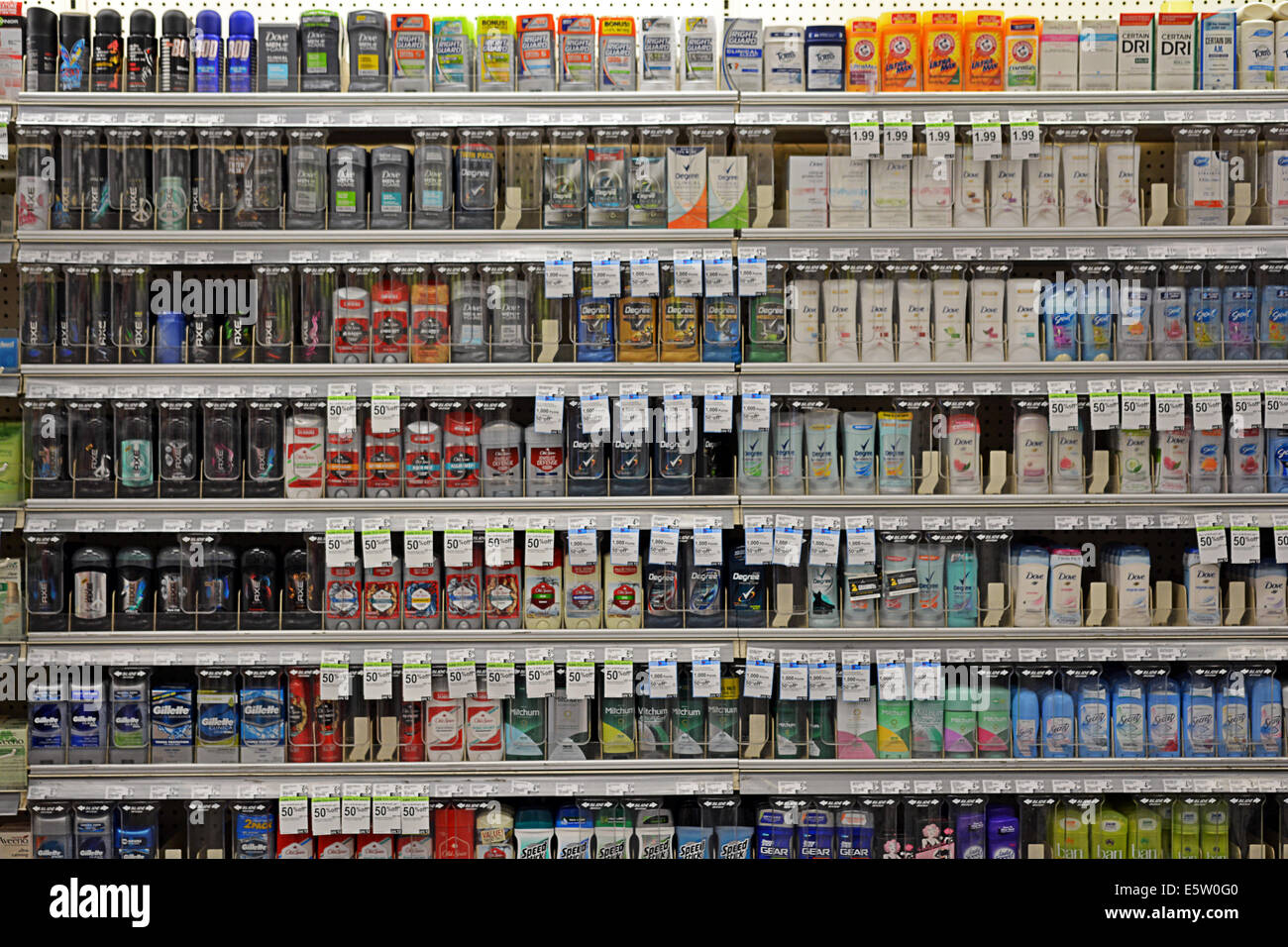 Shelves of deodorant for sale at a supermarket & pharmacy in Greenwich Village, Manhattan, New York Stock Photo
