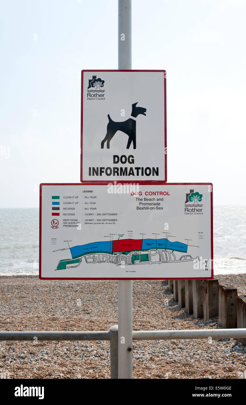 Dog Information sign on beach front,  Bexhill-on-Sea, East Sussex Stock Photo