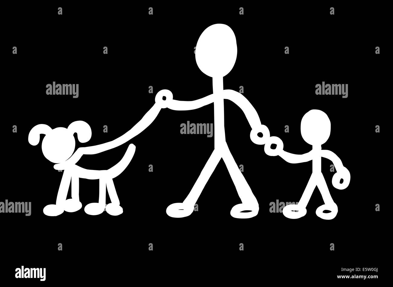 Outline of a family walking a dog Stock Photo