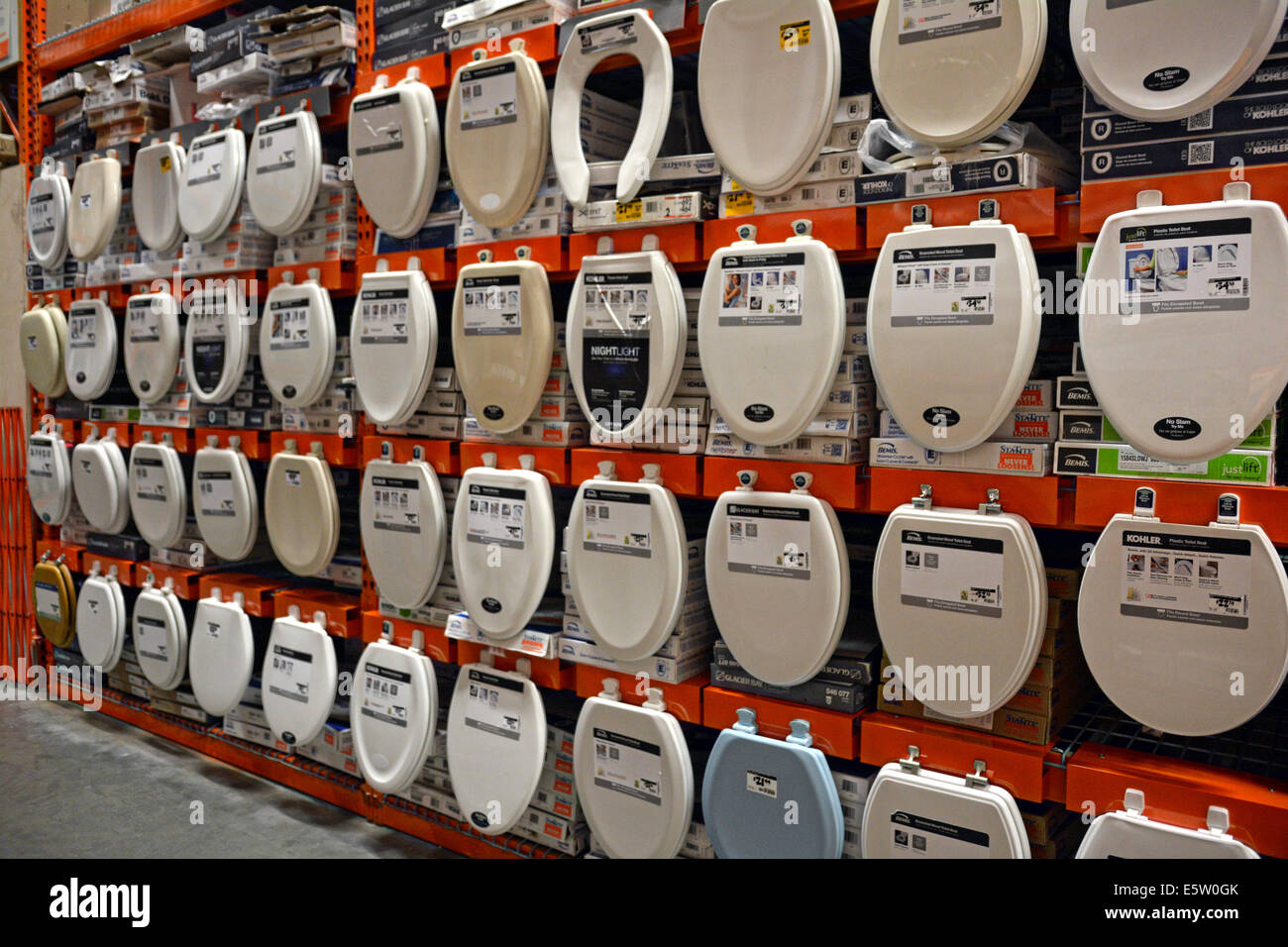 A display of toilet seat at a Home Depot store in College Point, Queens, New York. Stock Photo