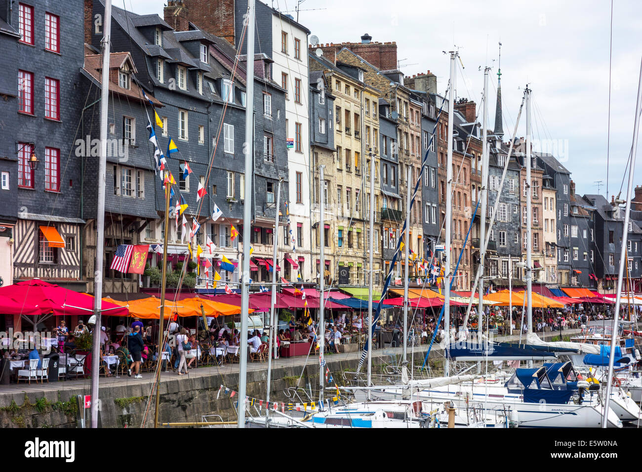 Honfleur Harbour Normandy France boats french restaurant Stock Photo