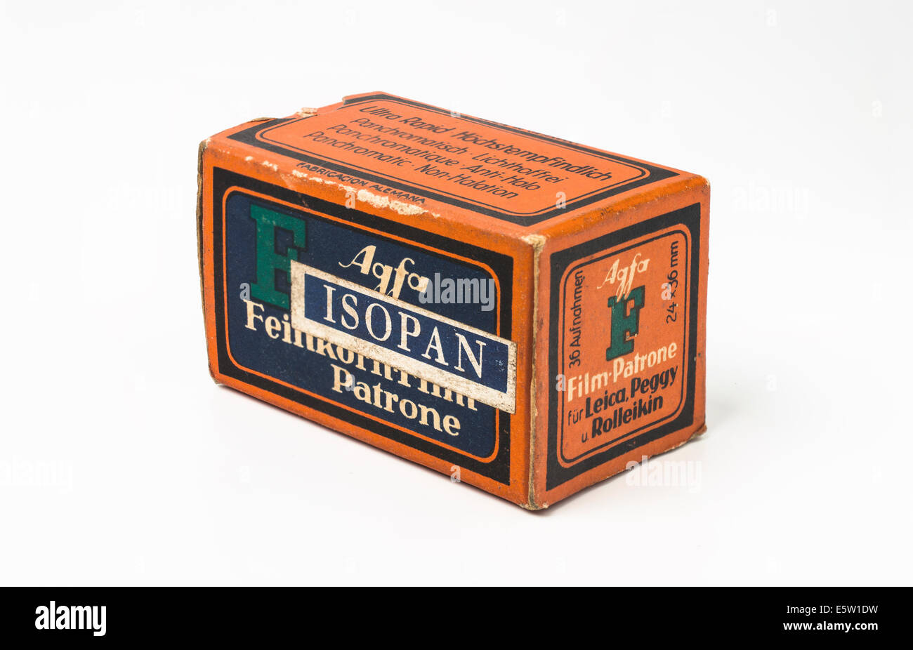 A roll of vintage Agfa Isopan F high speed 35mm camera film dated 1936 Stock Photo