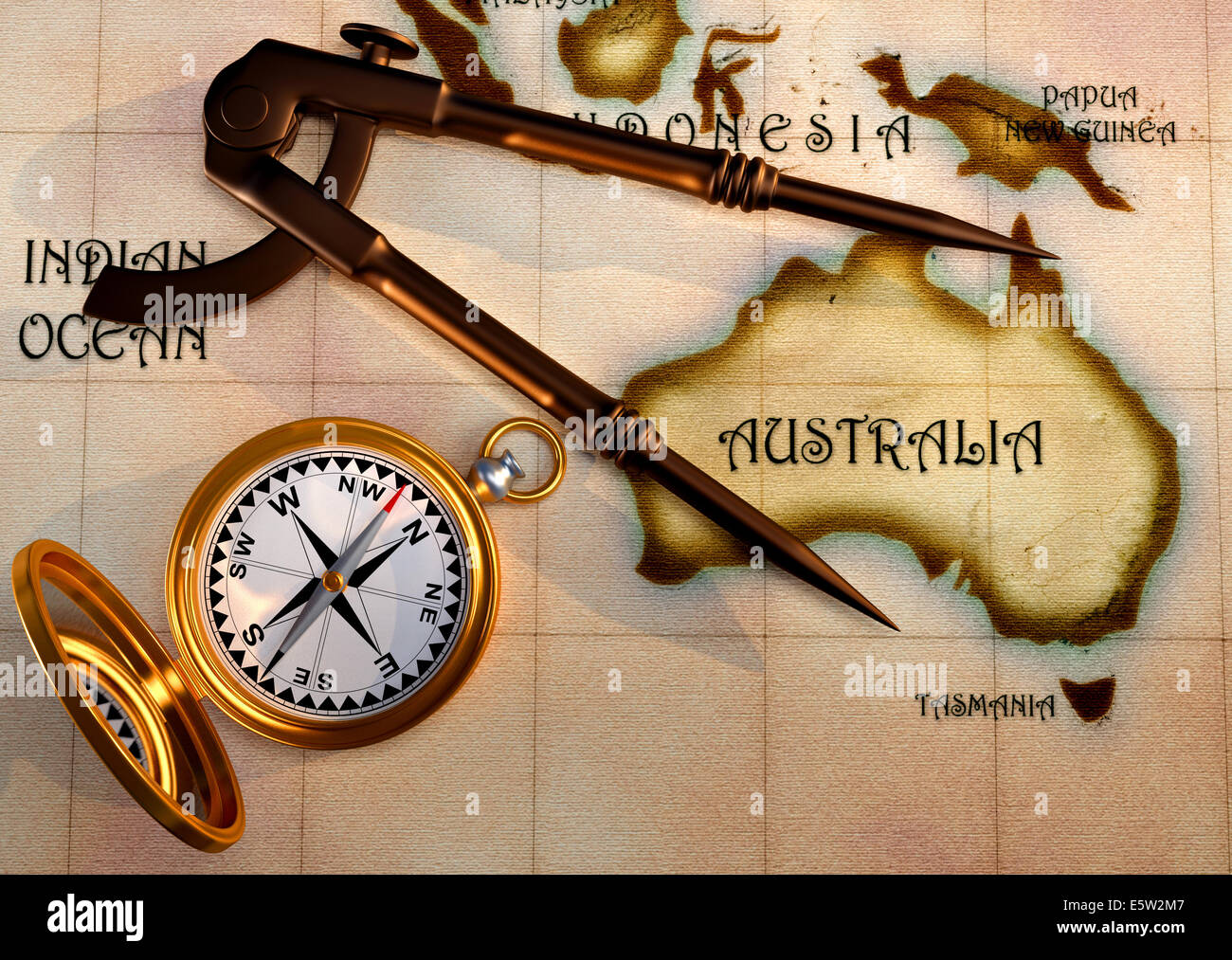 Old drawing compass, orientation compass, and an old map showing