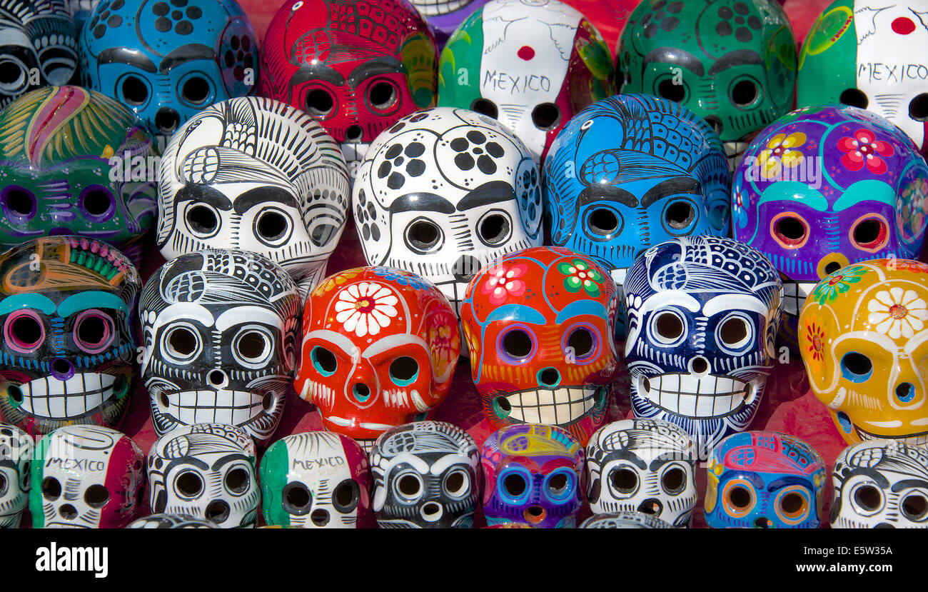 Painted china skulls tourist stall Chichen Itza Yucatan Mexico Stock Photo