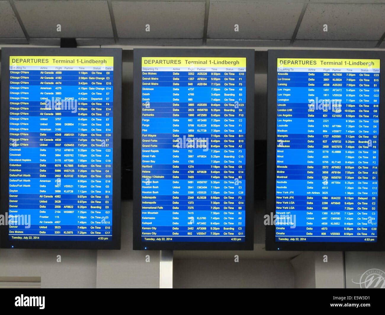 LED Electronic Flight Departure Display, Minneapolis/ St Paul International Airport, USA Stock Photo