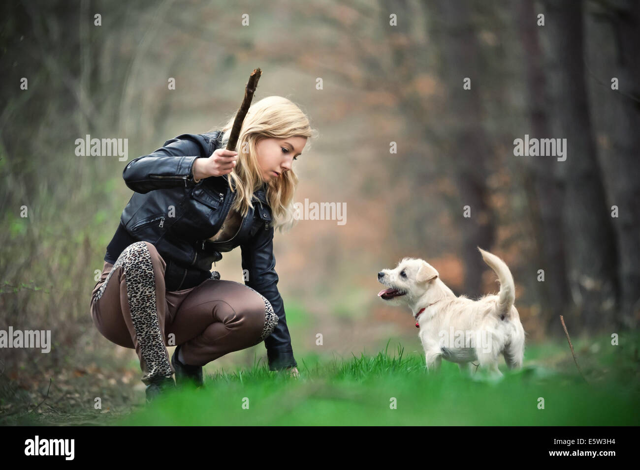 Blond girl playing with her puppy in the forest Stock Photo - Alamy