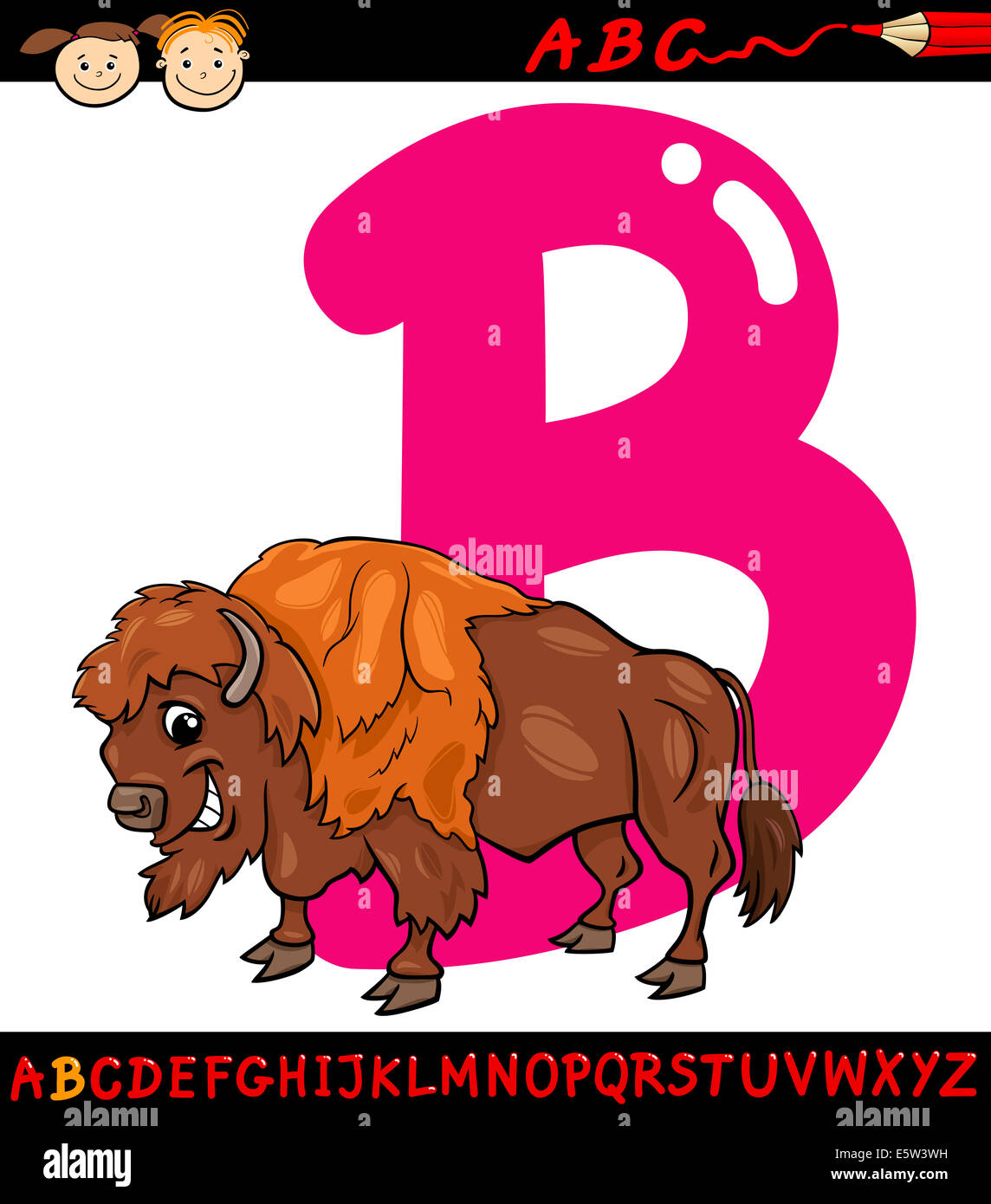 Cartoon Illustration Of Capital Letter B From Alphabet With Bison Or ...