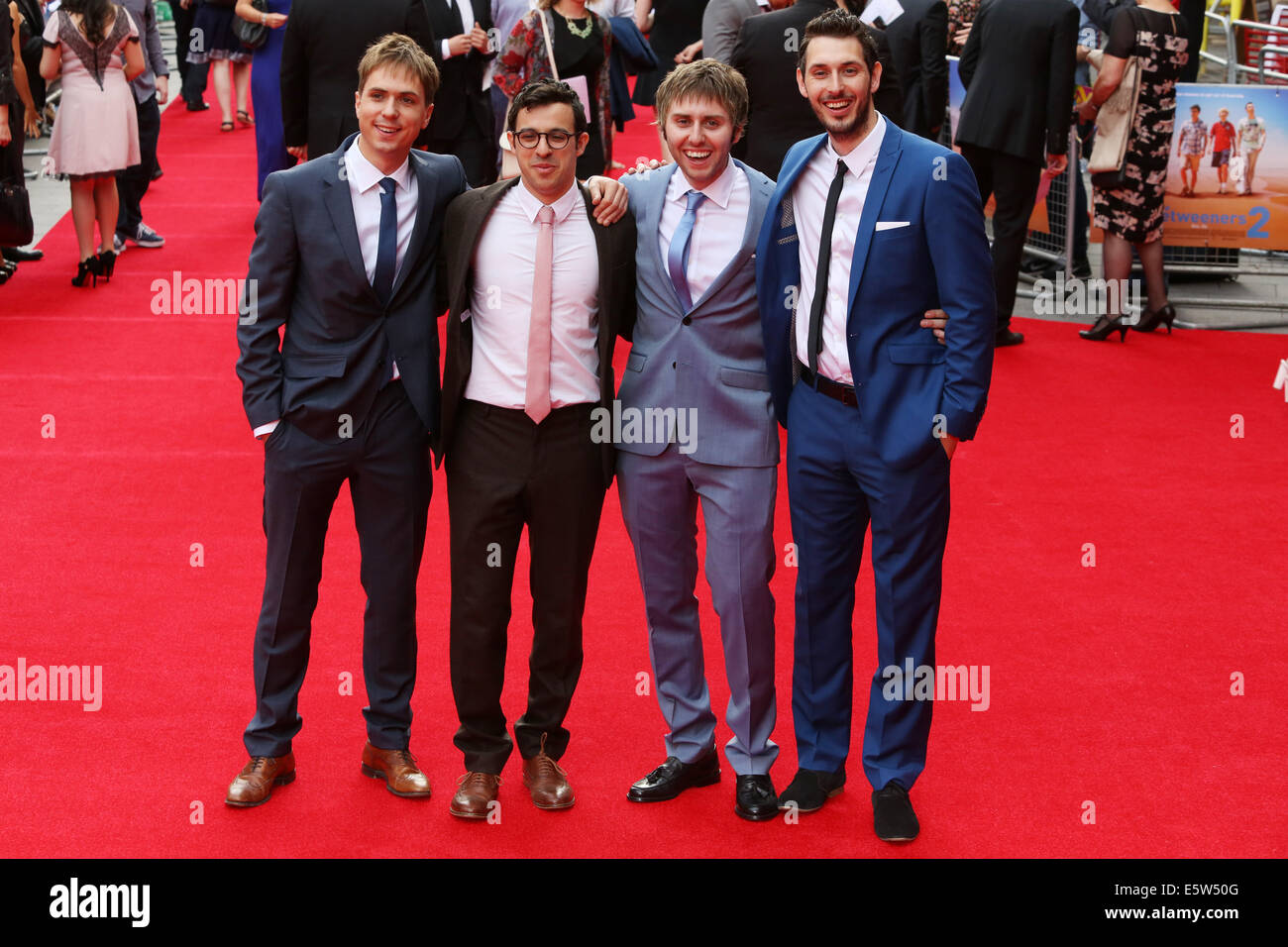 London, UK. 5th Aug, 2014. Simon Bird, James Buckley, Blake Harrison & Joe Thomas attends The World Premiere of The Inbetweeners 2 on 05/08/2014 at The VUE Leicester Square, London. Persons pictured: Simon Bird, James Buckley, Blake Harrison, Joe Thomas. Credit:  swift-creative/Alamy Live News Stock Photo