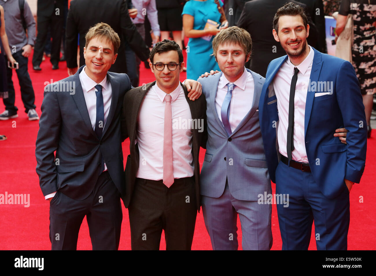 London, UK. 5th Aug, 2014. Simon Bird, James Buckley, Blake Harrison & Joe Thomas attends The World Premiere of The Inbetweeners 2 on 05/08/2014 at The VUE Leicester Square, London. Persons pictured: Simon Bird, James Buckley, Blake Harrison, Joe Thomas. Credit:  swift-creative/Alamy Live News Stock Photo