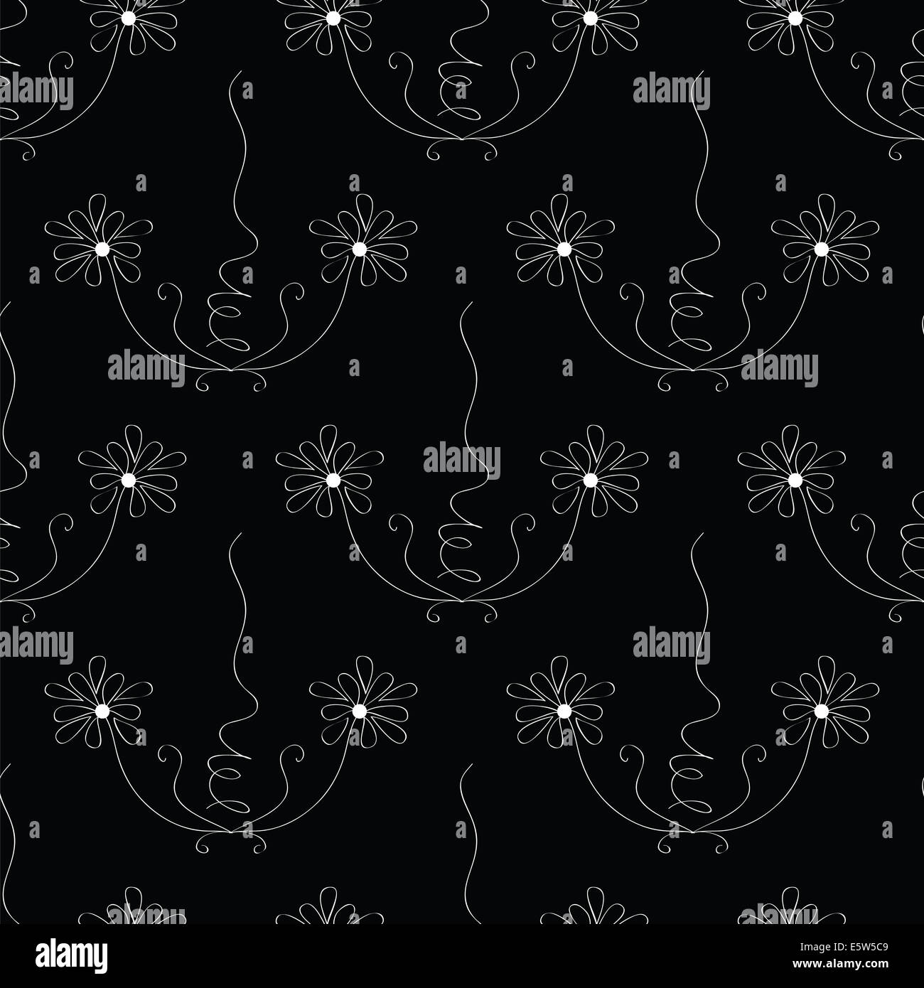 black seamless pattern with white flower Stock Photo - Alamy