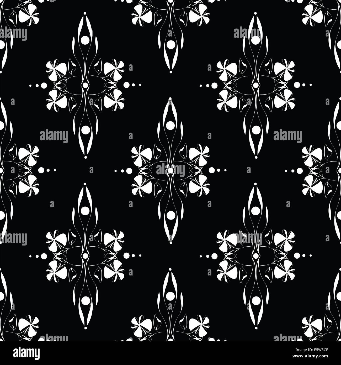 black seamless pattern with white flower Stock Photo - Alamy