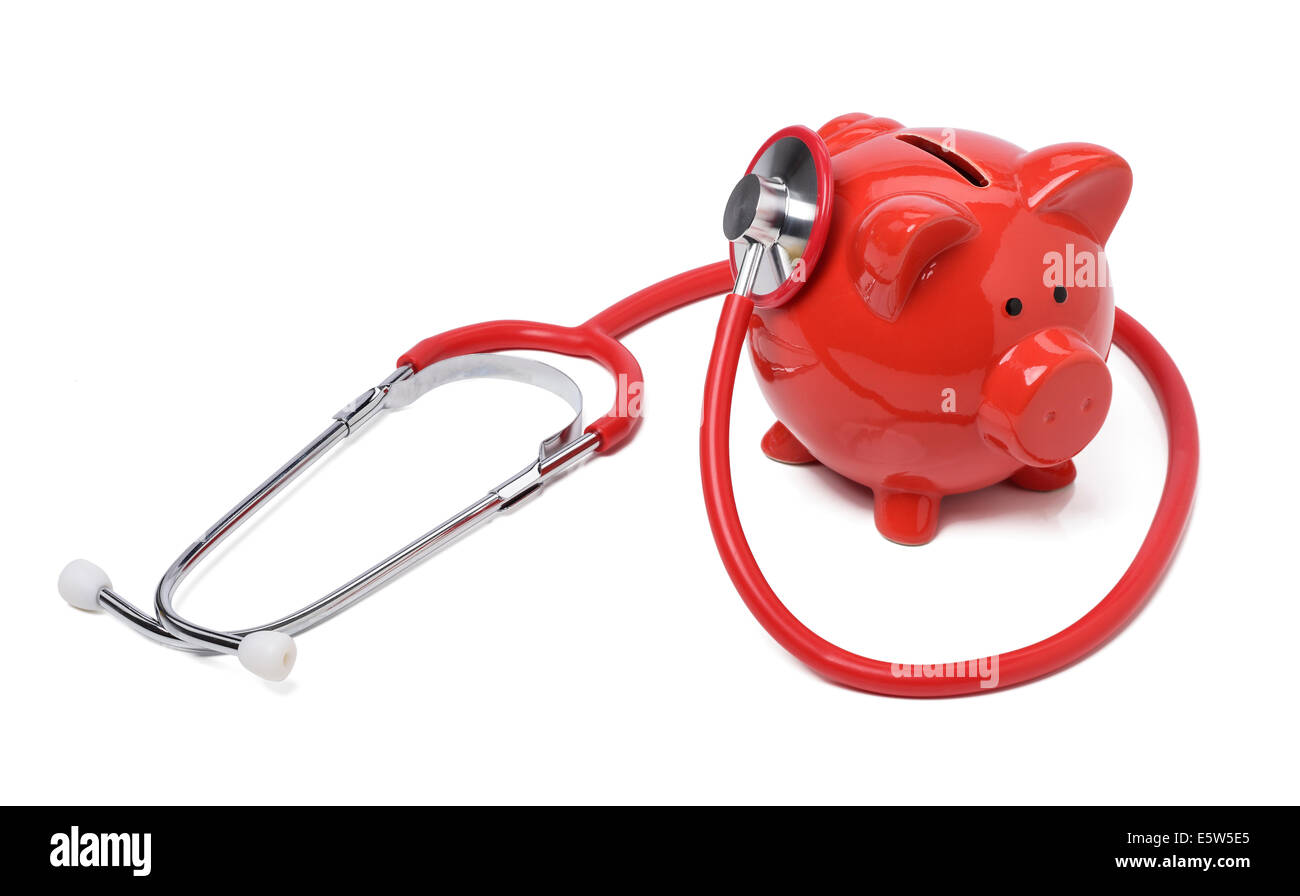 Red piggy bank and a stethoscope Stock Photo