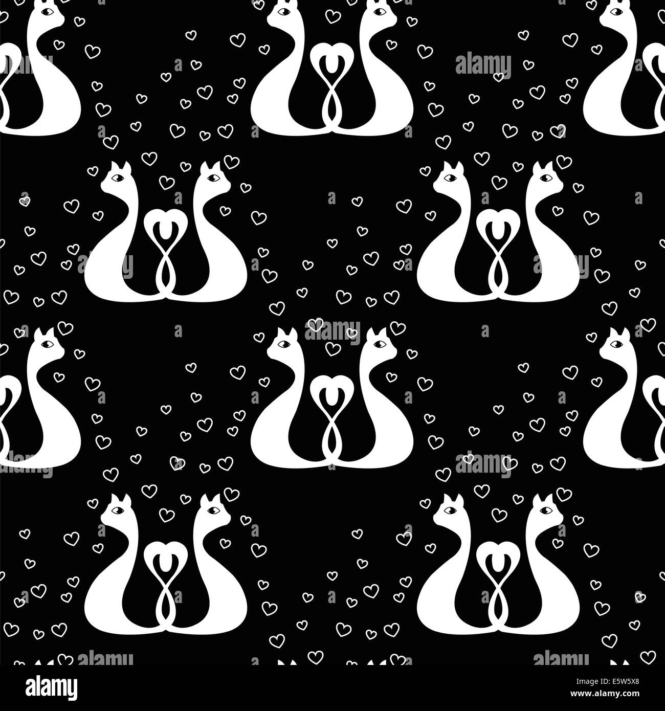 black seamless pattern with love white cats and heart Stock Photo - Alamy