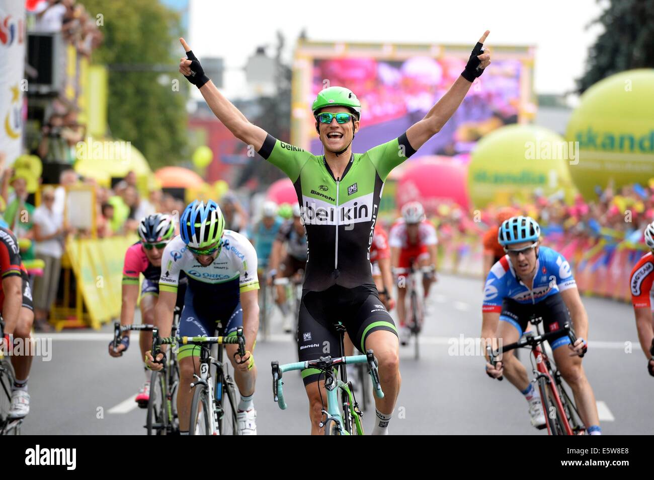 05.08.2014. Kielce to Rzeszow, Poland. Cycling Tour of Poland, stage 3. Belkin 2014, BTheo crosses the finish line in Rzeszow © Action Plus Sports Images/Alamy Live News Stock Photo