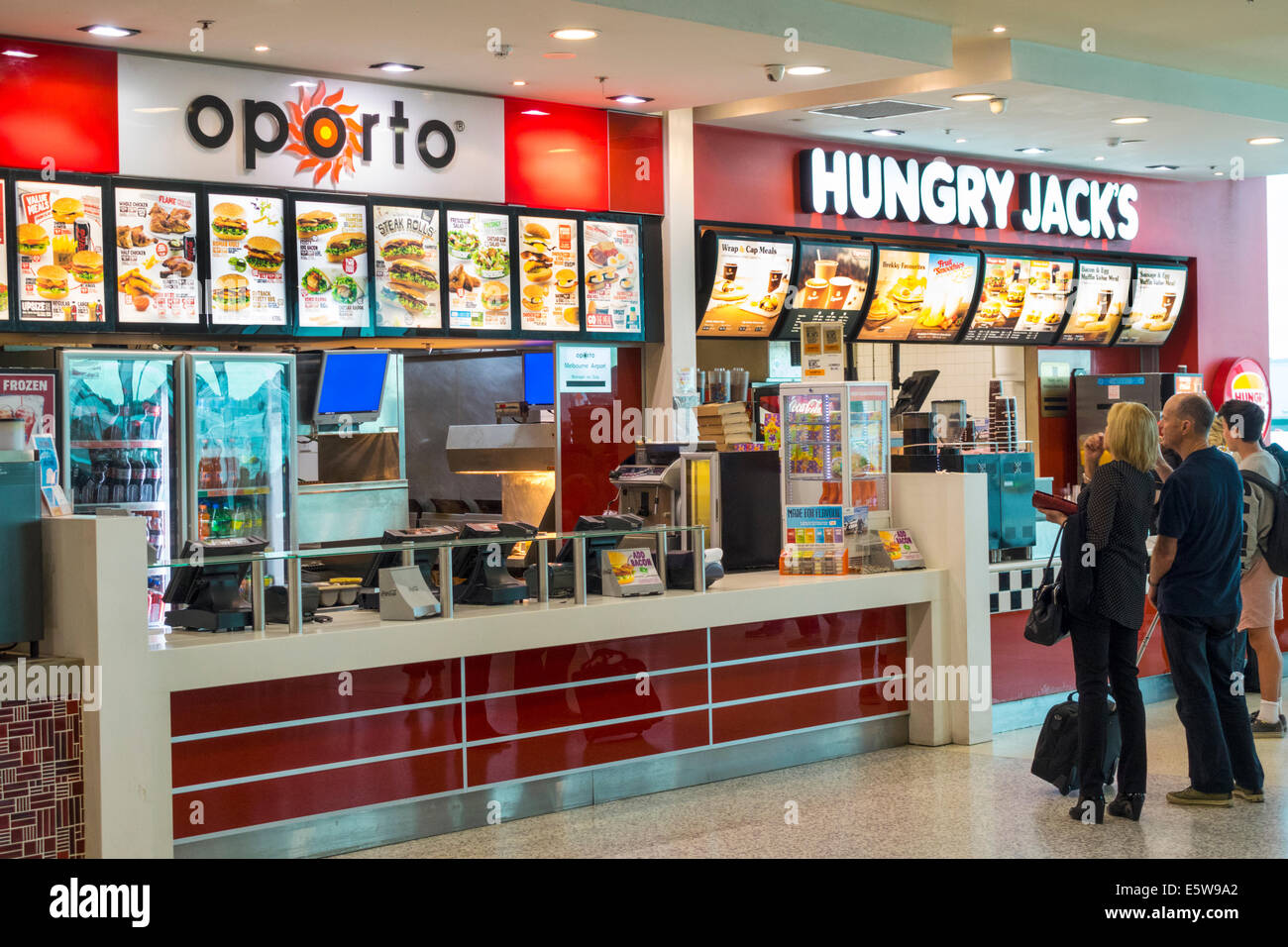Melbourne Australia,Tullamarine Airport,MEL,terminal,gate,fast food,restaurant restaurants dining cafe cafes,concessions,Oporto,Hungry Jack's,burgers, Stock Photo