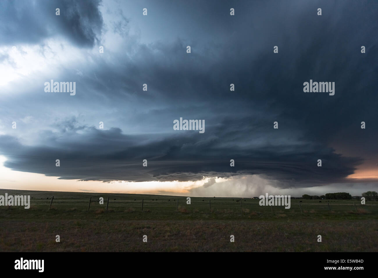 A classic high plains low precipitation supercell thunderstorm taking on a mothership striated appearance with hail fall streaks Stock Photo