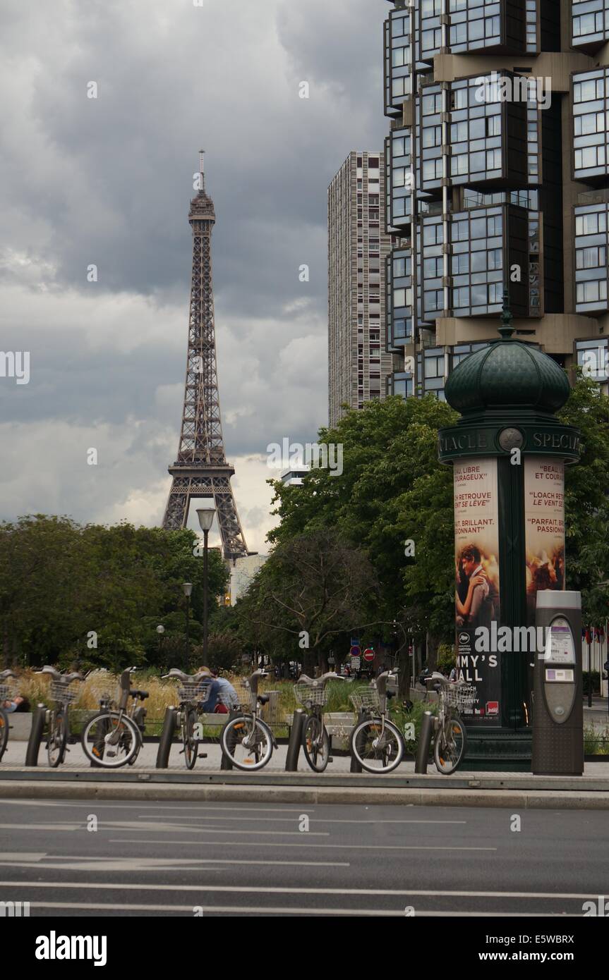 Paris Bike Racks Eiffel Tower with bikes locked in bike rack and paris newsstand poster ...